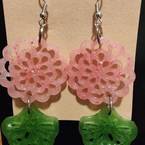 Pink and Green Floral Earrings